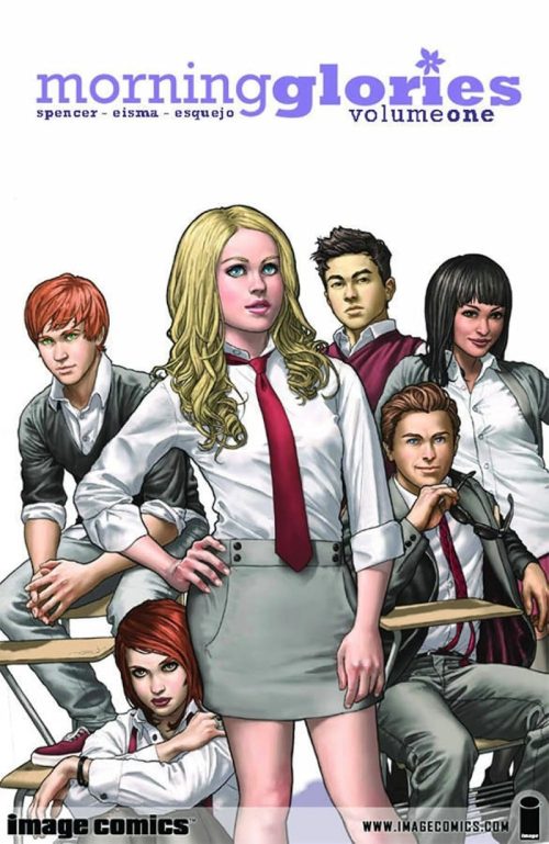 Morning Glories Volume 1, Nick Spencer, Joe Eisma, Image Comics, 9781607063070, 1607063077, Morning Glories comic, dark academia graphic novel, mystery comics, horror comics, teen thriller comic, Morning Glory Academy, graphic novel volume 1, sci-fi comic series, English comics